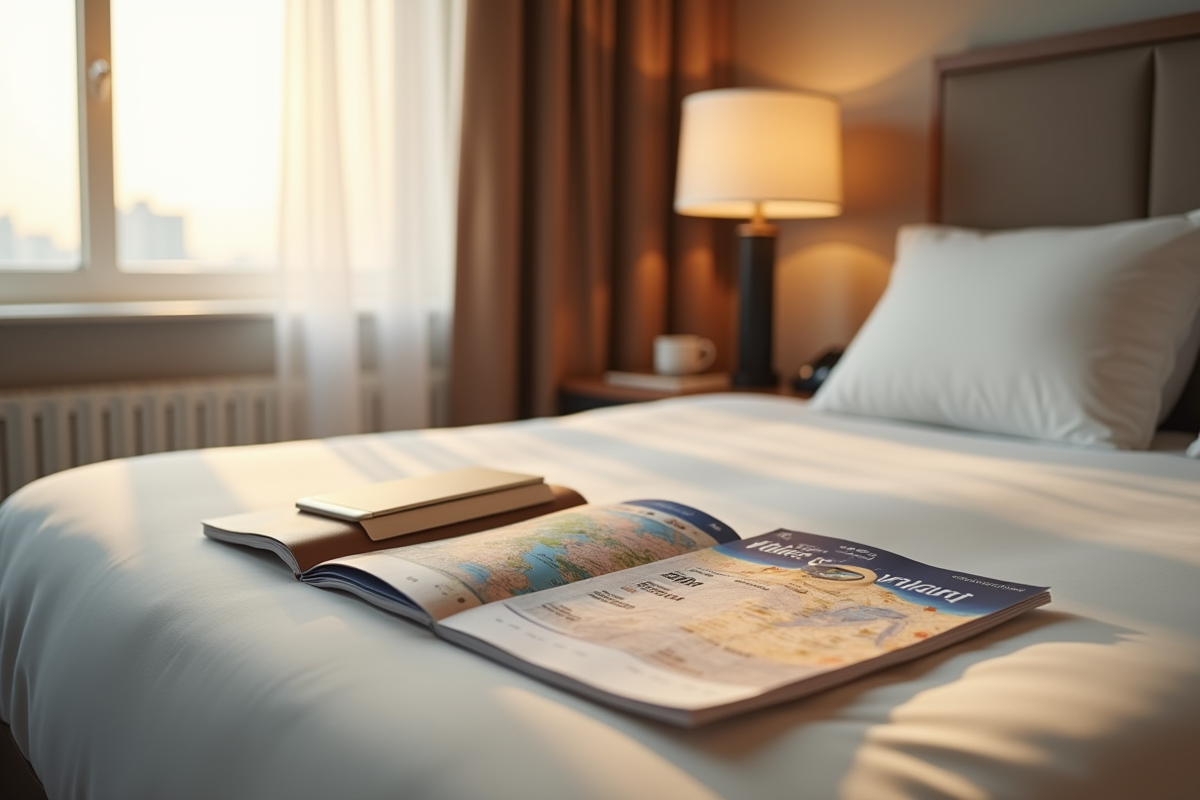Accessoires de voyage et bons vacances sur lit d hotel