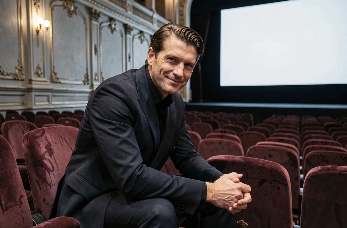 Acteur français seul dans une salle de cinéma parisienne vide après une avant-première, regard tourné vers l'avenir