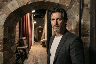 Acteur français dans les coulisses d'un théâtre parisien, visage entre ombre et lumière, regard intense et contemplatif