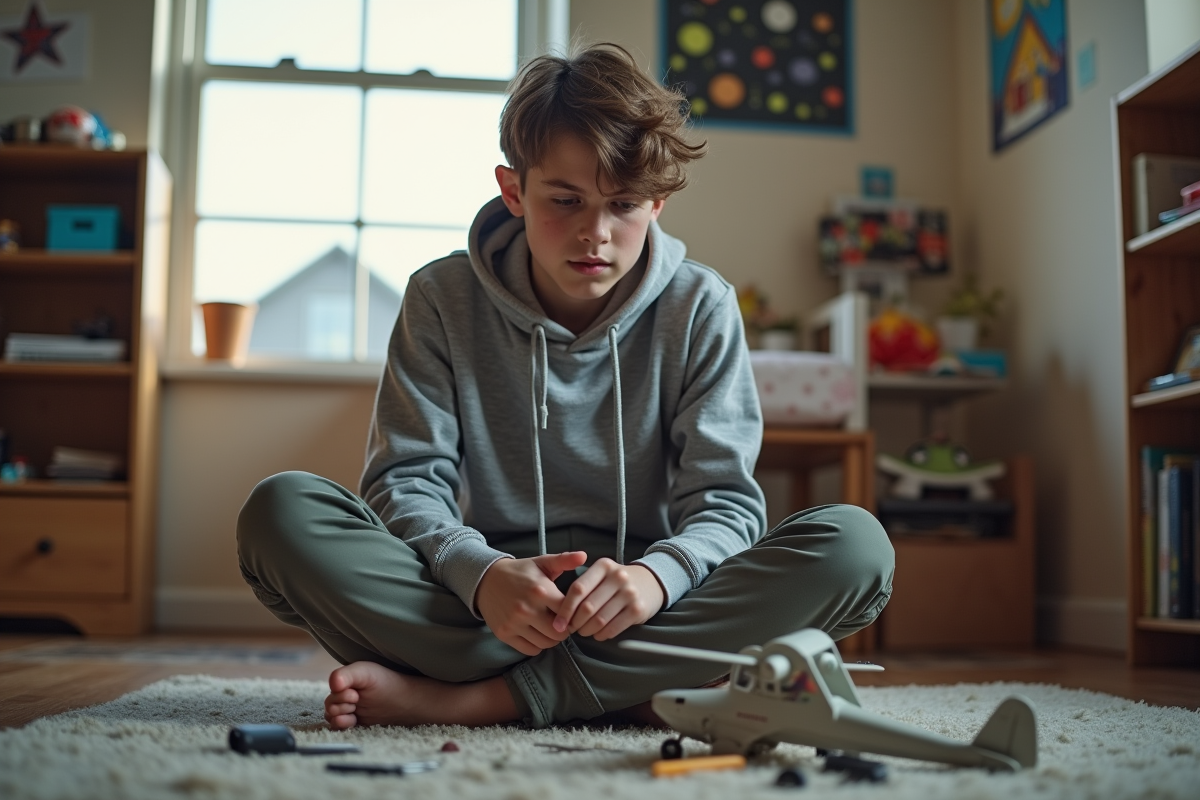 Adolescent réparant un avion en modèle dans sa chambre