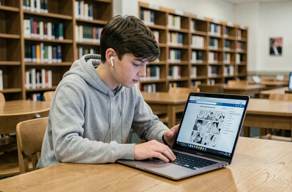Adolescent lisant un scan manga Just Friends en version française sur son ordinateur portable dans une bibliothèque