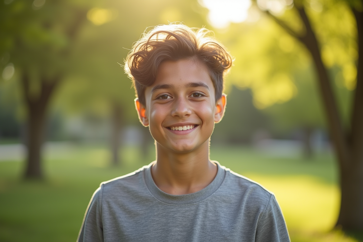 Adolescent souriant dans un parc en plein jour ensoleille