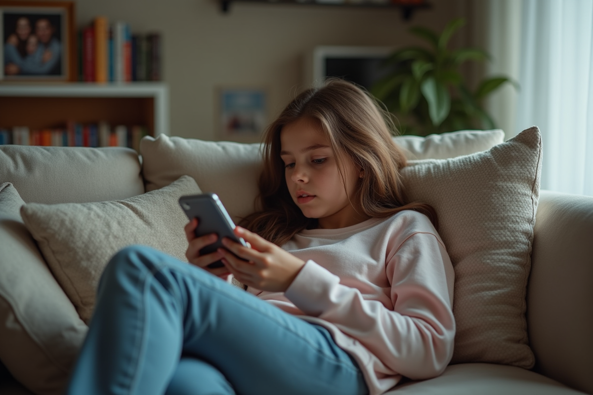 Adolescente sur le canapé avec smartphone