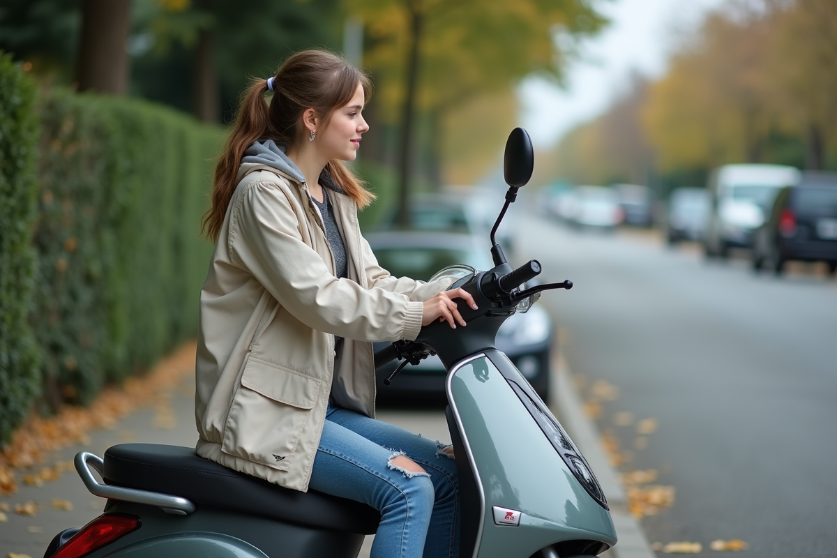 Adolescente vérifiant le tableau de bord d’un scooter 50cc