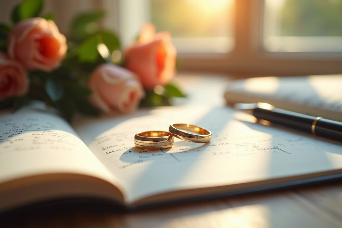 Alliances sur carnet avec fleurs et planification de mariage