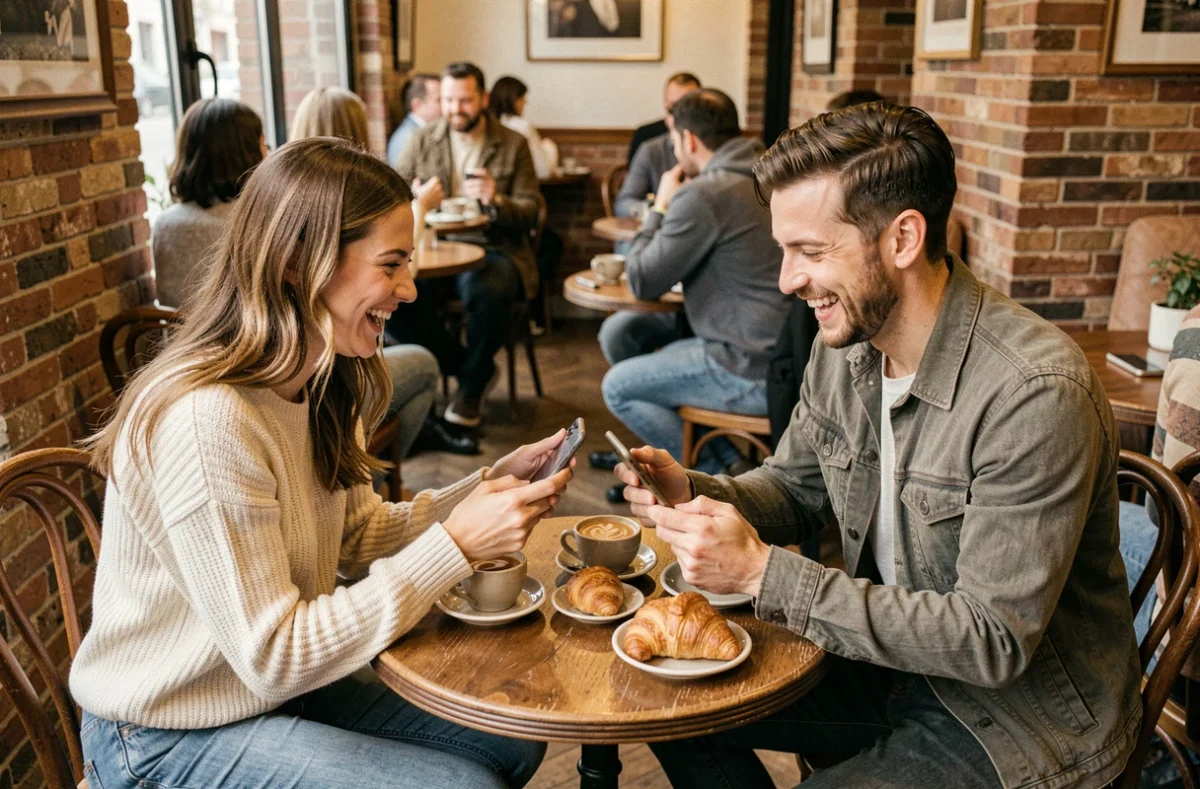Deux amis attablés dans un café rient ensemble en partageant des blagues par SMS sur leurs smartphones