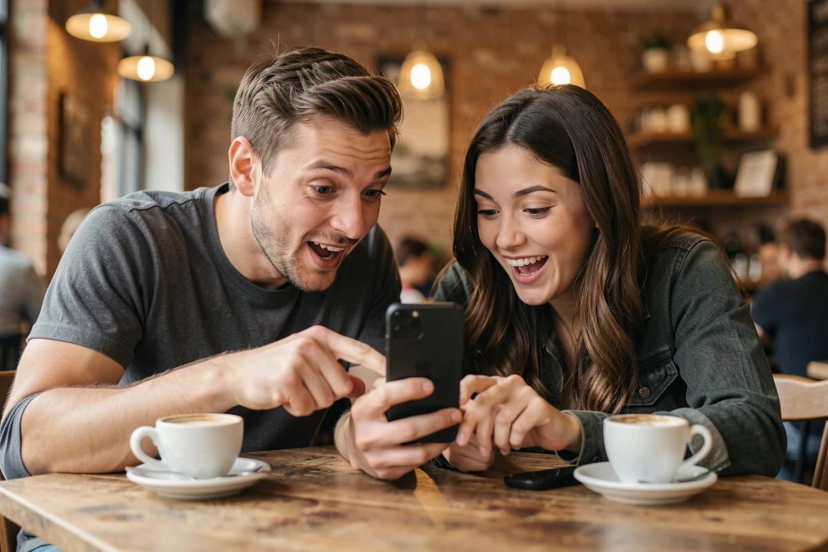 Deux amis partageant des astuces pour maximiser les bonus des tours gratuits Coin Master dans un café
