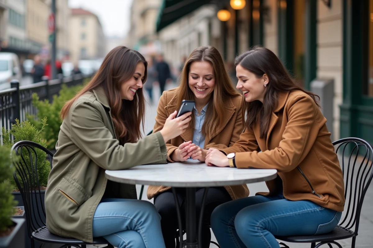 Groupe d'amis autour d'un café réagissant à un mème du lapin d'Alice au Pays des Merveilles sur smartphone, culture internet en 2026