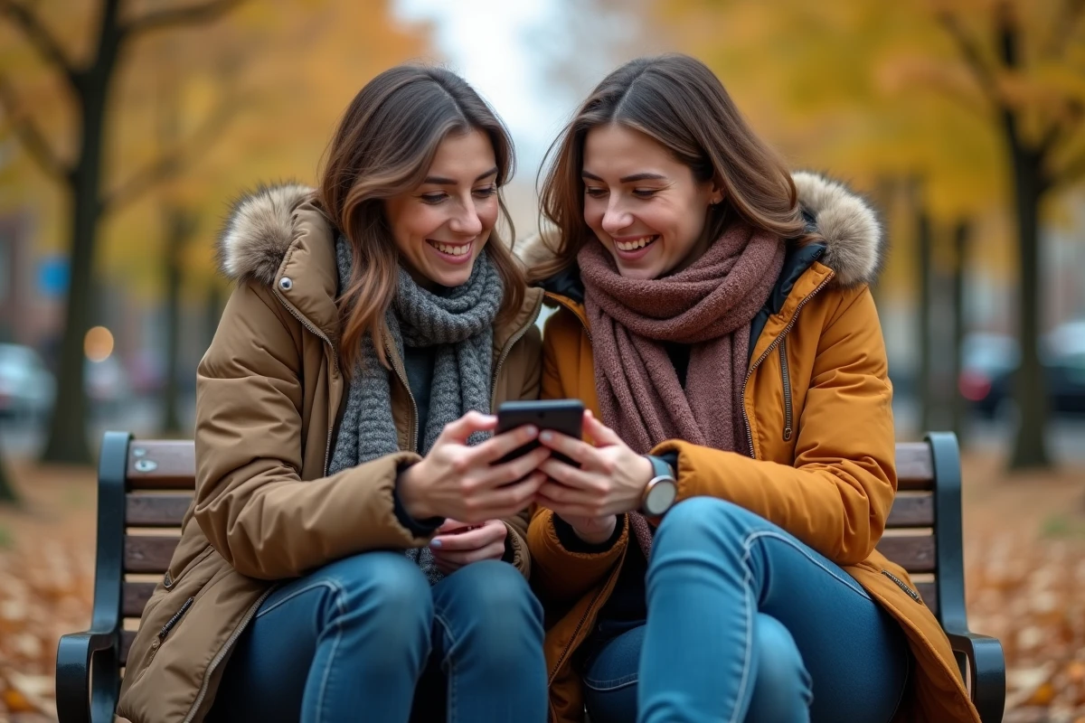Deux amis déchiffrant ensemble un message confus sur un téléphone dans un parc