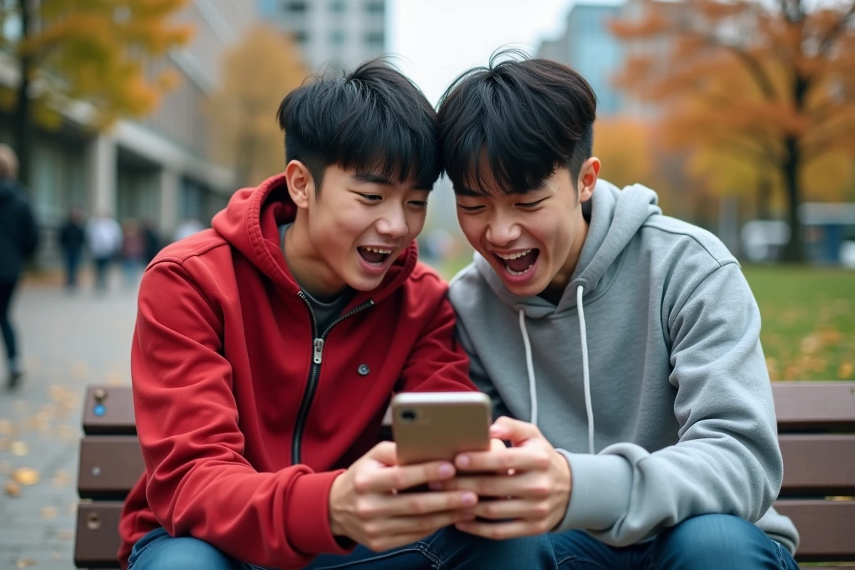 Deux amis fans de One Piece regardant des scans manga ensemble sur smartphone dans un parc urbain