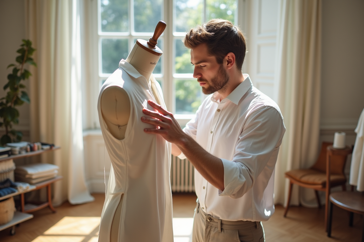 Jeune apprenti drapant un moulage sur un mannequin