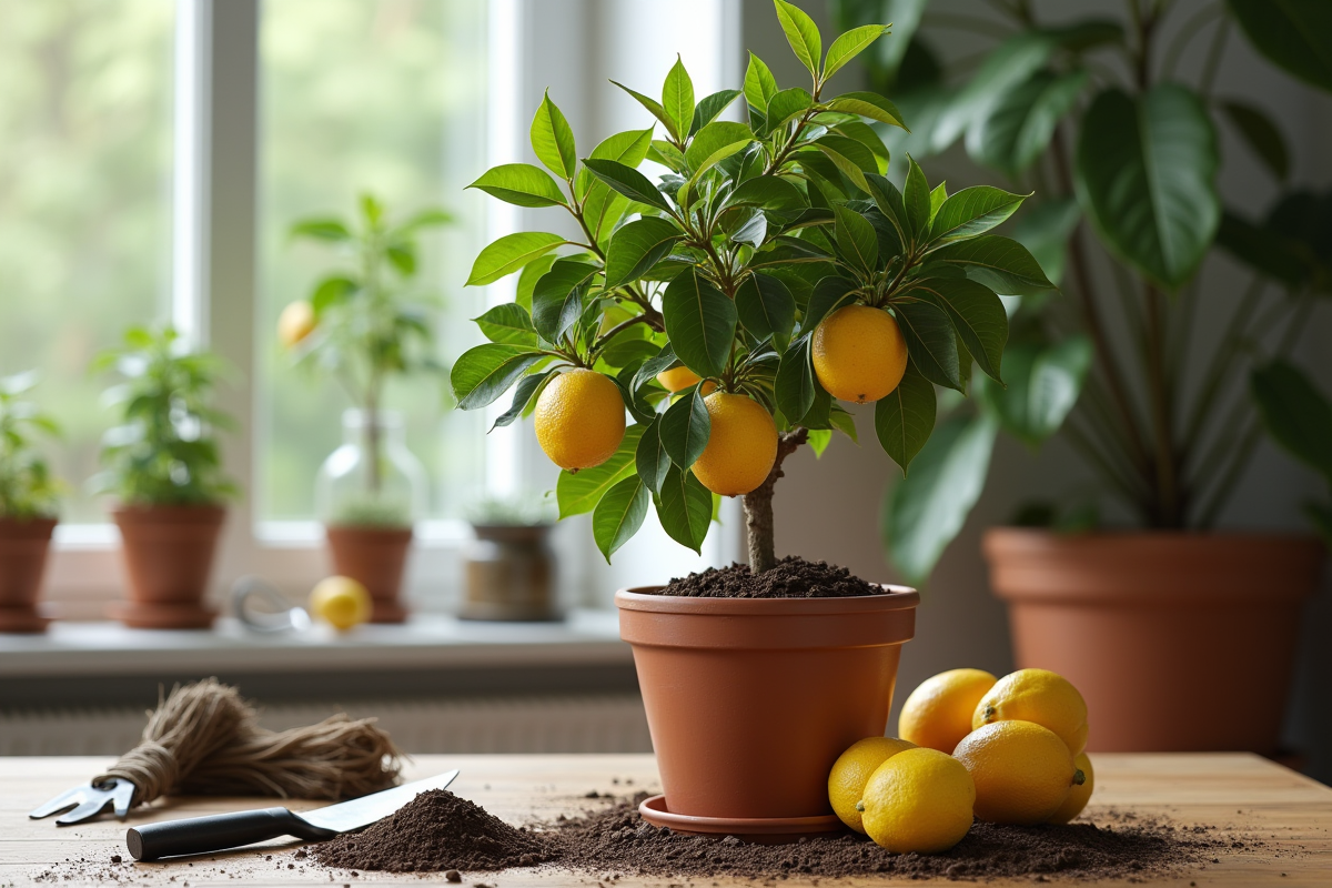 Limonier mature dans un grand pot avec outils de jardinage