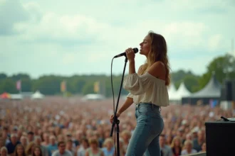 Jeune chanteuse émergente sur la scène principale du festival des Vieilles Charrues devant une foule de festivaliers