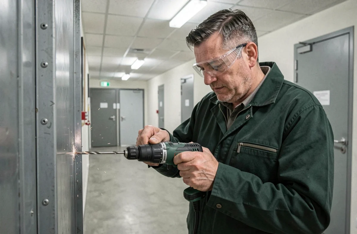 Serrurier ASO perçant un cadre de porte renforcée dans un couloir de bâtiment commercial en France