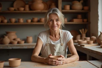 Femme adulte en atelier de poterie façonnant un bol en céramique, activité créative idéale comme cadeau expérience