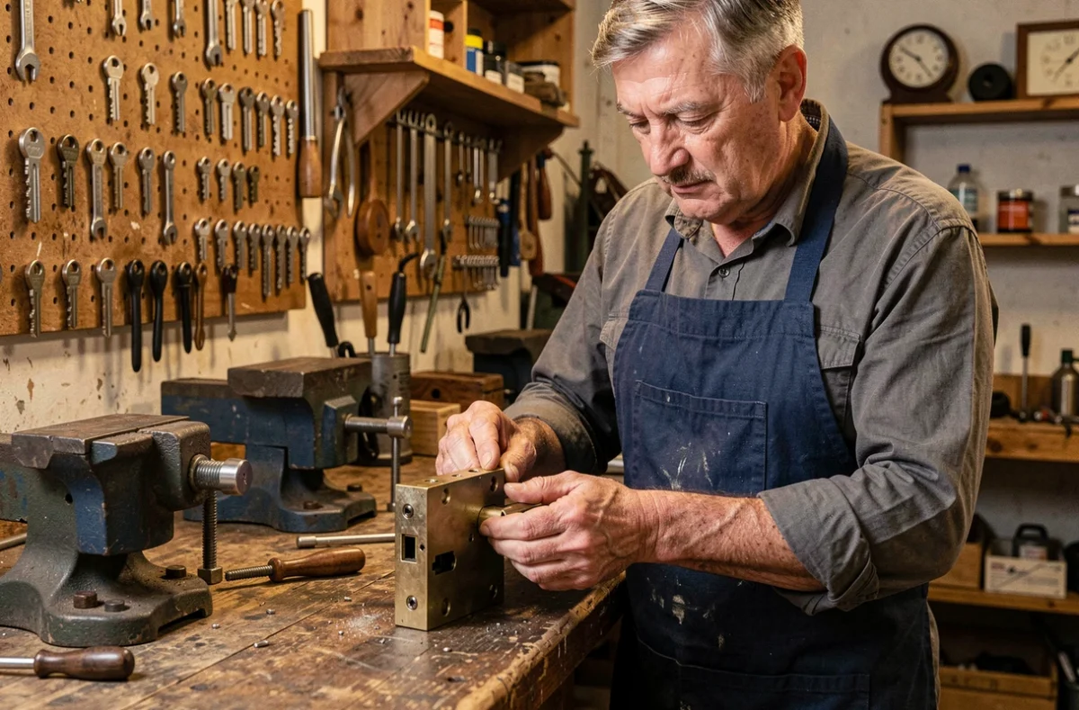 Artisan serrurier des Ateliers-Serrurier Lille assemblant manuellement une serrure mortaise dans son atelier traditionnel
