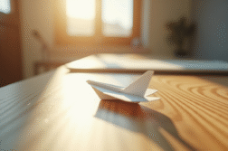 Avion en papier blanc sur bureau en bois ensoleille