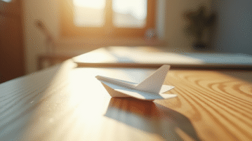 Avion en papier blanc sur bureau en bois ensoleille