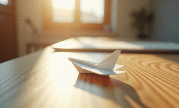 Avion en papier blanc sur bureau en bois ensoleille