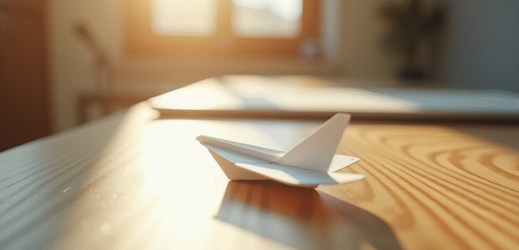 Avion en papier blanc sur bureau en bois ensoleille