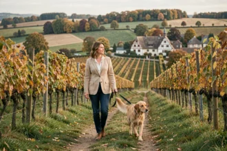 Femme se promenant avec son golden retriever sur un sentier de vignoble alsacien en automne