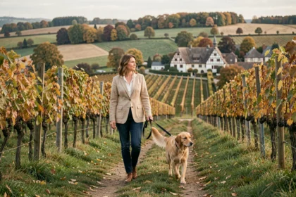 Femme se promenant avec son golden retriever sur un sentier de vignoble alsacien en automne