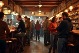 Intérieur authentique d'un bar danse strasbourgeois fréquenté par des locaux, décor alsacien en bois et briques apparentes
