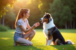 Chien berger australien tricolore assis dans l'herbe en extérieur