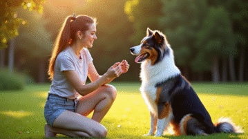 Chien berger australien tricolore assis dans l'herbe en extérieur