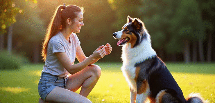 Chien berger australien tricolore assis dans l'herbe en extérieur