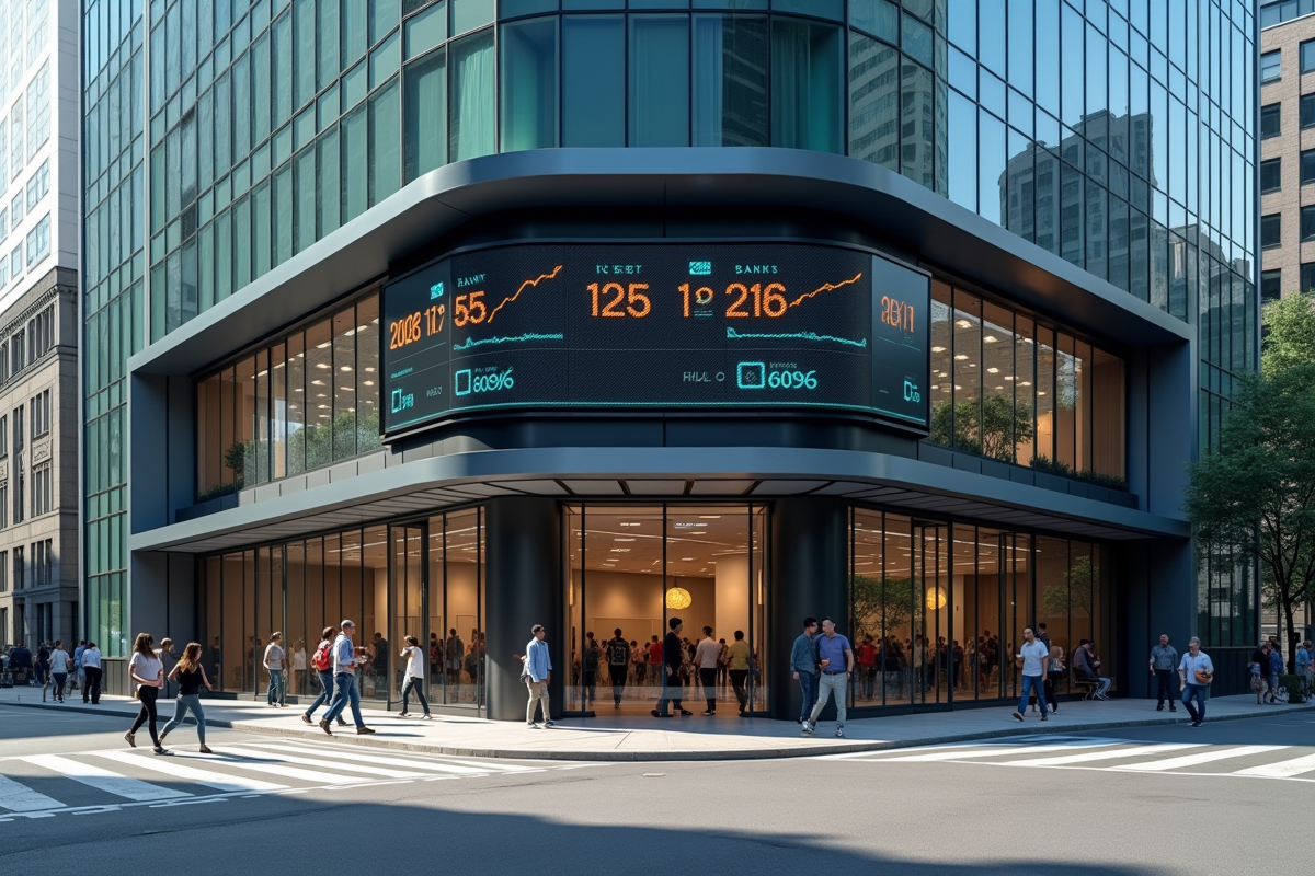 Façade d une banque contemporaine avec graphiques de taux d intérêt en vitrine