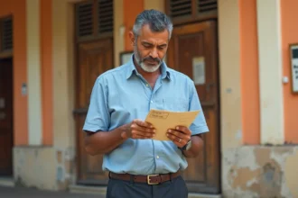 Homme mauricien devant un bureau de poste colonial à Port Louis tenant une enveloppe avec un code postal écrit à la main