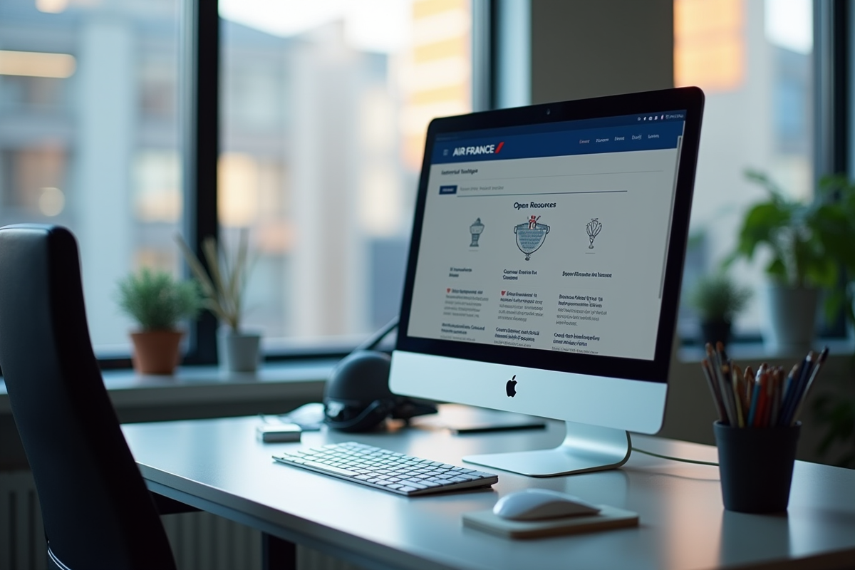 Poste de travail avec écran affichant le portail interne Air France