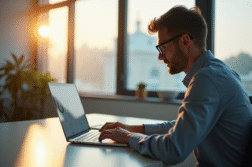 Employé de bureau travaillant sur un ordinateur avec portail moderne