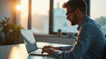 Employé de bureau travaillant sur un ordinateur avec portail moderne