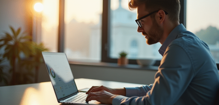 Employé de bureau travaillant sur un ordinateur avec portail moderne