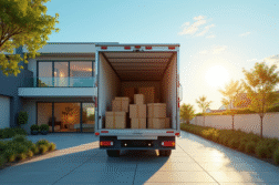 Camion de déménagement devant une maison moderne avec meubles