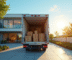 Camion de déménagement devant une maison moderne avec meubles