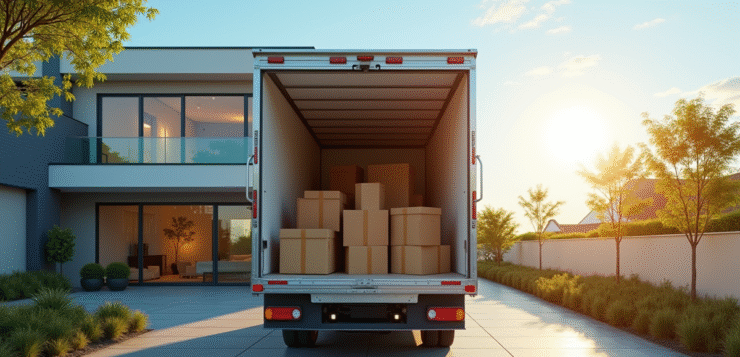 Camion de déménagement devant une maison moderne avec meubles