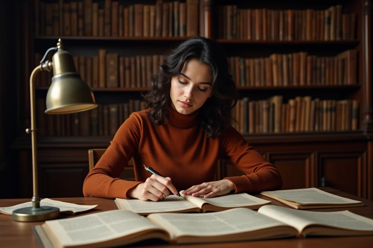 Jeune chercheuse italienne étudiant des documents historiques sur l'antifascisme dans une archive universitaire