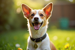 Chienne joyeuse avec collier V dans un jardin ensoleille