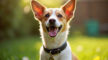 Chienne joyeuse avec collier V dans un jardin ensoleille