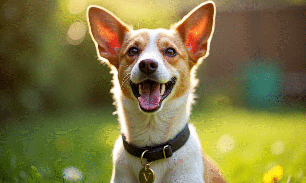 Chienne joyeuse avec collier V dans un jardin ensoleille