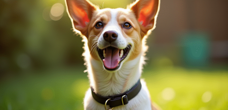 Chienne joyeuse avec collier V dans un jardin ensoleille