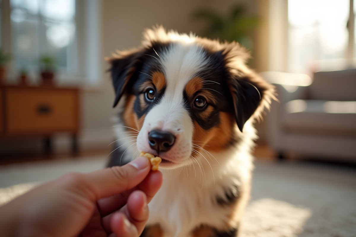 Chiot berger australien tricolore en intérieur en train d