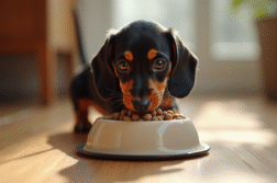 Miniature de chiot dachshund mangeant des croquettes saines