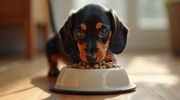Miniature de chiot dachshund mangeant des croquettes saines