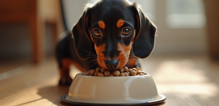Miniature de chiot dachshund mangeant des croquettes saines