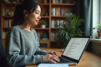 Une femme cherche son pseudo sur Google depuis un bureau à domicile pour vérifier sa visibilité en ligne