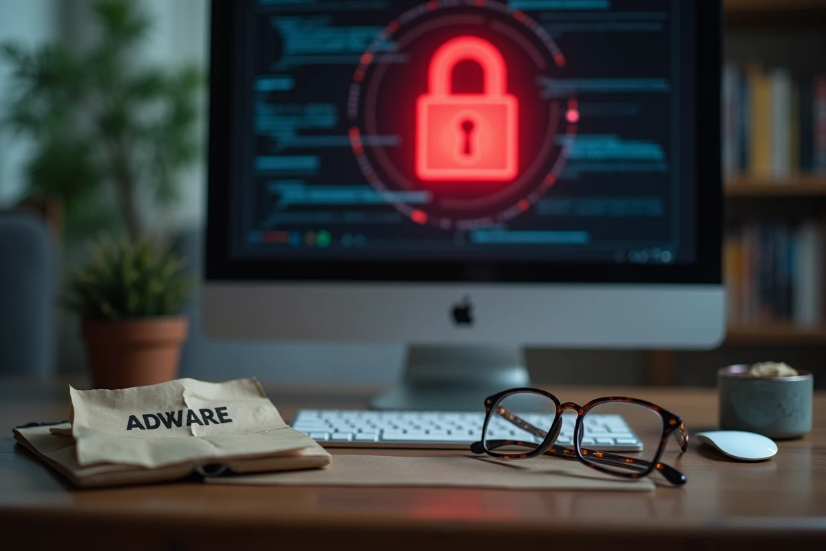 Gros plan d'un clavier et d'un écran affichant une icône de cadenas rouge, symbolisant les risques d'adware, de traçage et de virus cachés sur des sites de streaming illégaux comme Hiperdex